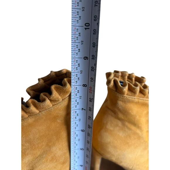 Mustard Suede Ruffle Trim Ankle Boots 4" Heel Size 36 Made in Lebanon - Picture 8 of 11